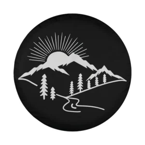 mountain sunrise pine forest camping line art design for tire cover