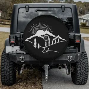 mountain sunrise pine forest camping spare tire cover with camera hole for SUV