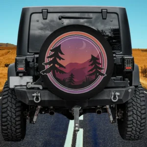 Mountain sunset retro pine trees spare tire cover with no camera hole for Jeep, RV, or SUV