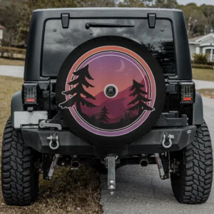 Mountain sunset retro pine trees spare tire cover with backup camera hole for Jeep, Bronco, or trailer
