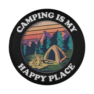 Retro camping spare tire cover design with mountain, sunset, tent, campfire illustration