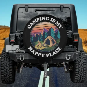 Mountain sunset tent campfire camping spare tire cover with retro design for Jeep, SUV, RV