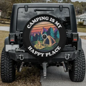 Camping spare tire cover with mountain sunset, tent, campfire, camera hole for Jeep or SUV