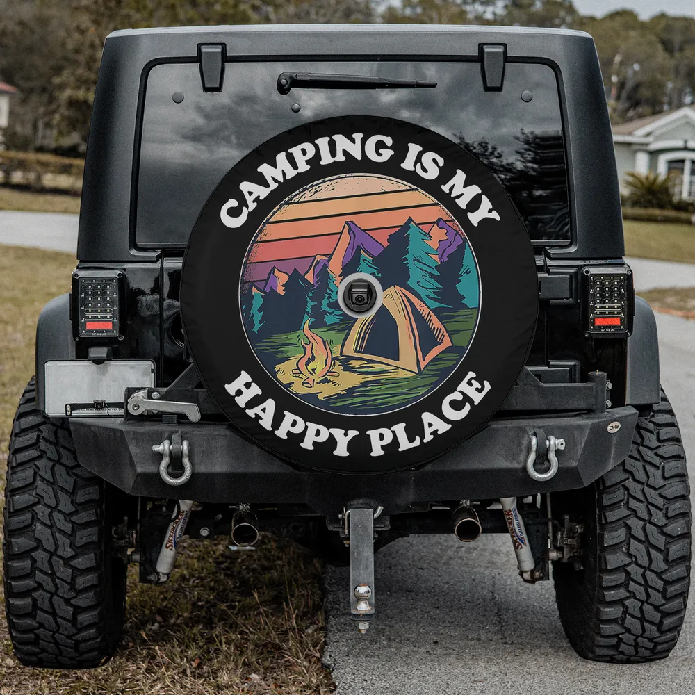 Camping spare tire cover with mountain sunset, tent, campfire, camera hole for Jeep or SUV