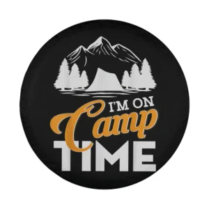 mountain tent camp time camping spare tire cover graphic design closeup