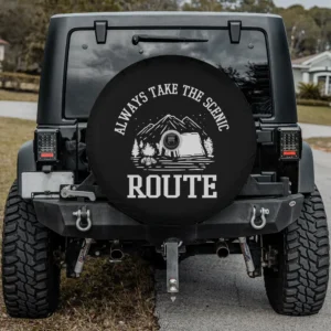 mountain tent campfire camping scenic route spare tire cover with backup camera hole for Jeep, SUV, RV