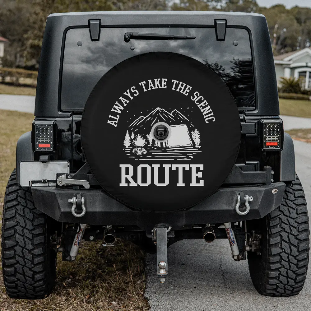 mountain tent campfire camping scenic route spare tire cover with backup camera hole for Jeep, SUV, RV