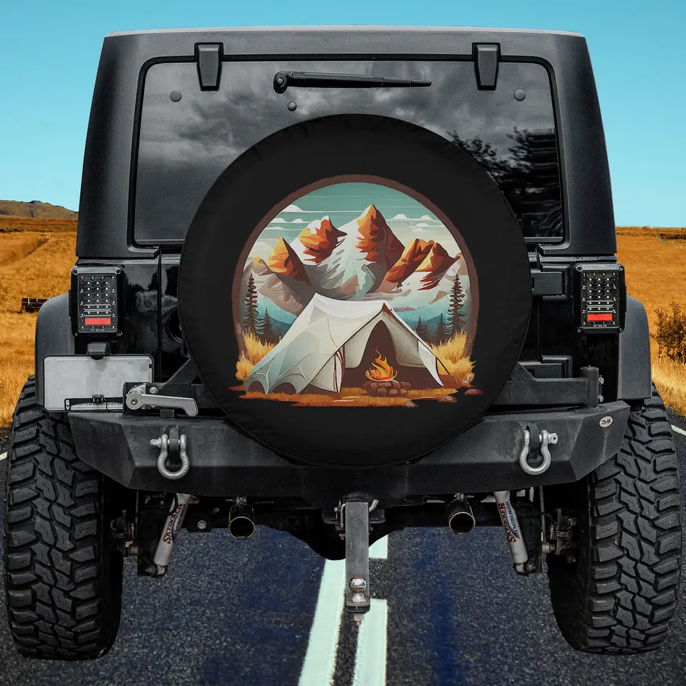 mountain tent campfire camping spare tire cover on Jeep with no camera hole