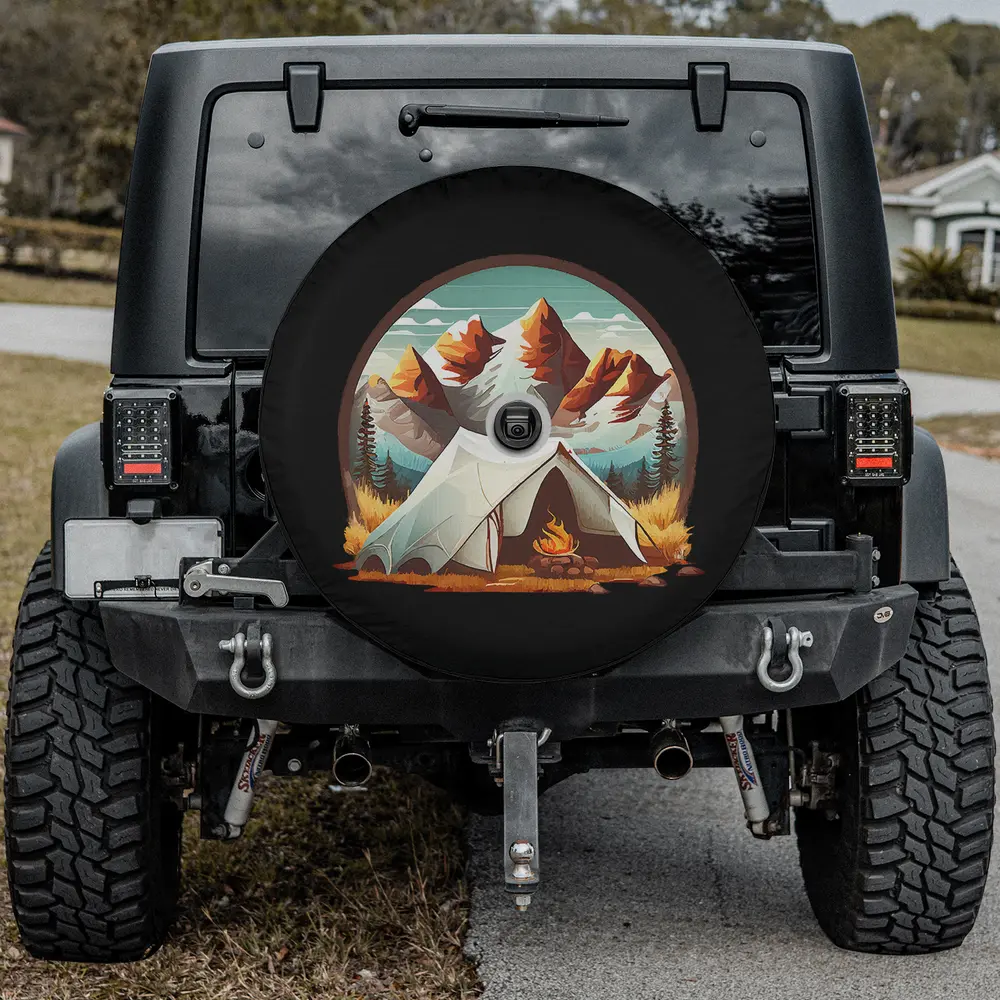 mountain tent campfire camping spare tire cover with backup camera hole for Jeep