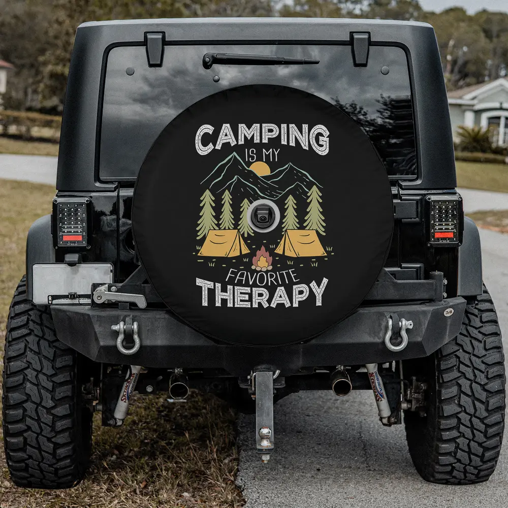 mountain tents campfire camping therapy quote spare tire cover with camera hole for Jeep SUV RV