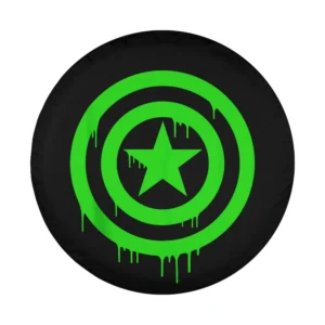 Neon green dripping Captain America shield design on black spare tire cover