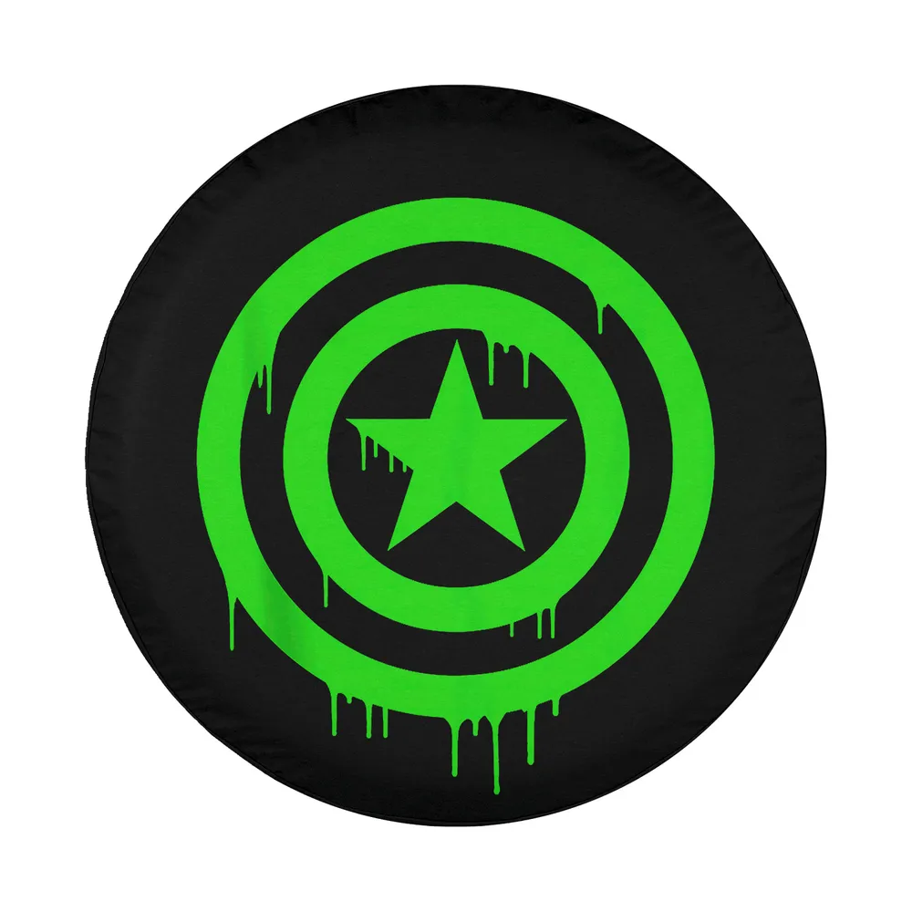 Neon green dripping Captain America shield design on black spare tire cover