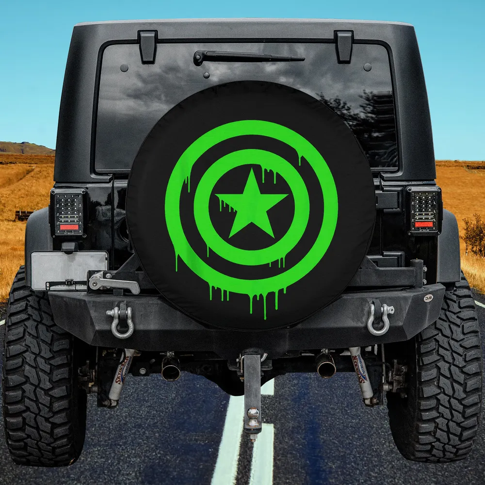 Neon green dripping Captain America shield spare tire cover with no camera hole on Jeep