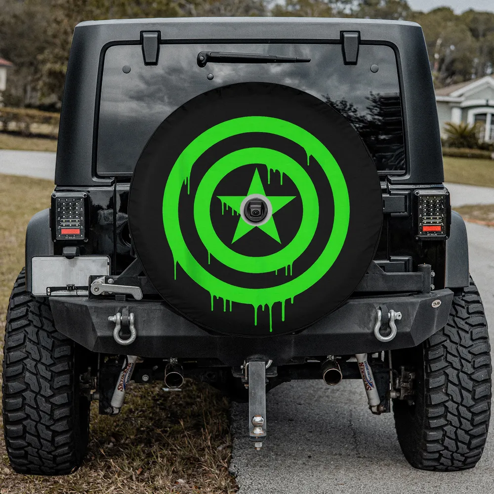 Neon green dripping Captain America shield spare tire cover with backup camera hole for SUV