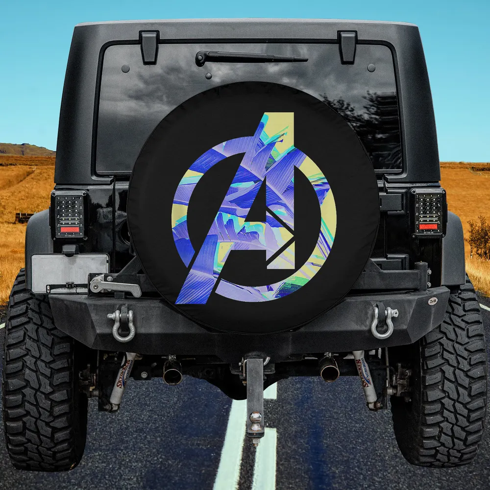 neon tropical palm Avengers logo spare tire cover with no camera hole