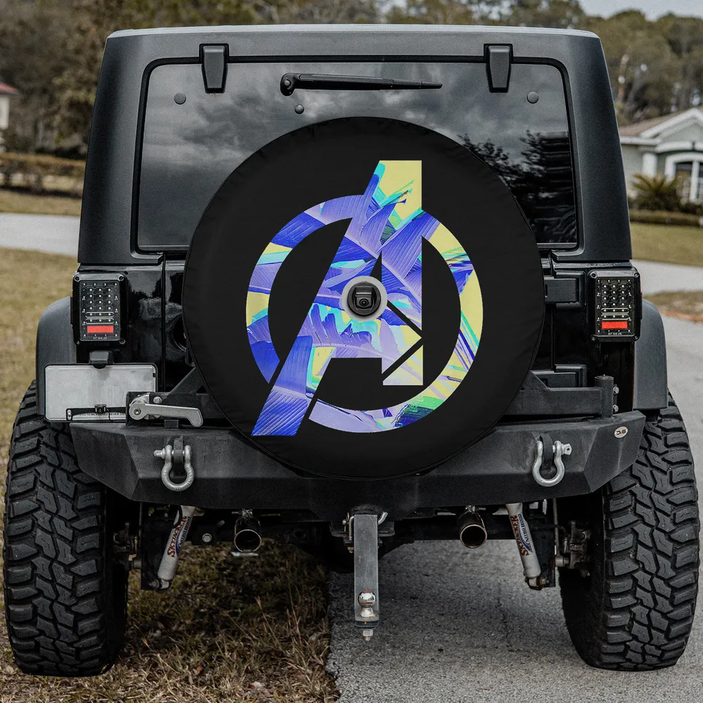 neon tropical palm Avengers logo spare tire cover with camera hole