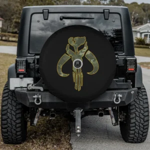 Mercedes G-Class spare tire cover orange lined camo Mythosaur skull Mandalorian, with camera hole