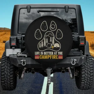 Paw print campfire camper camping spare tire cover with tent and trailer design, no camera hole