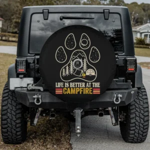 Paw print campfire camper camping spare tire cover with backup camera hole, tent and trailer art