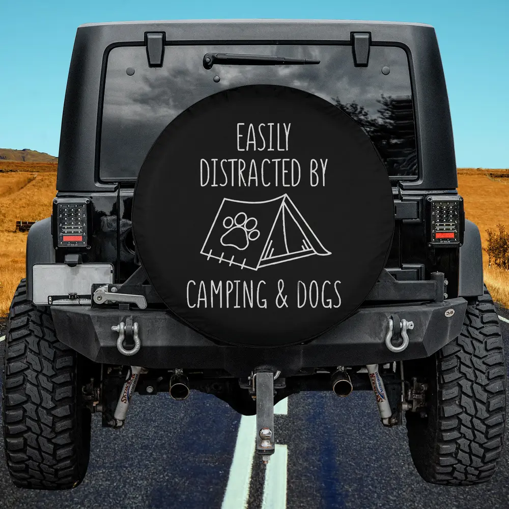 Paw print tent camping dogs spare tire cover on Jeep with no camera hole
