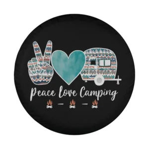 Boho peace sign, heart, and camper trailer art on camping spare tire cover
