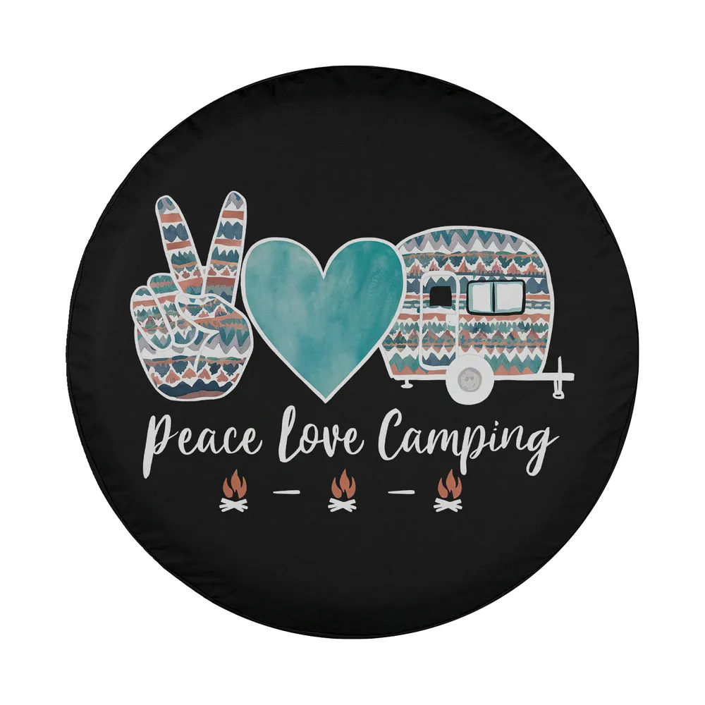 Boho peace sign, heart, and camper trailer art on camping spare tire cover