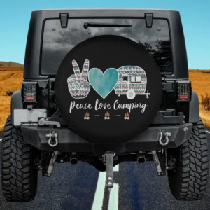 Peace sign, heart, and camper trailer boho art spare tire cover for Jeep and RV, no camera hole
