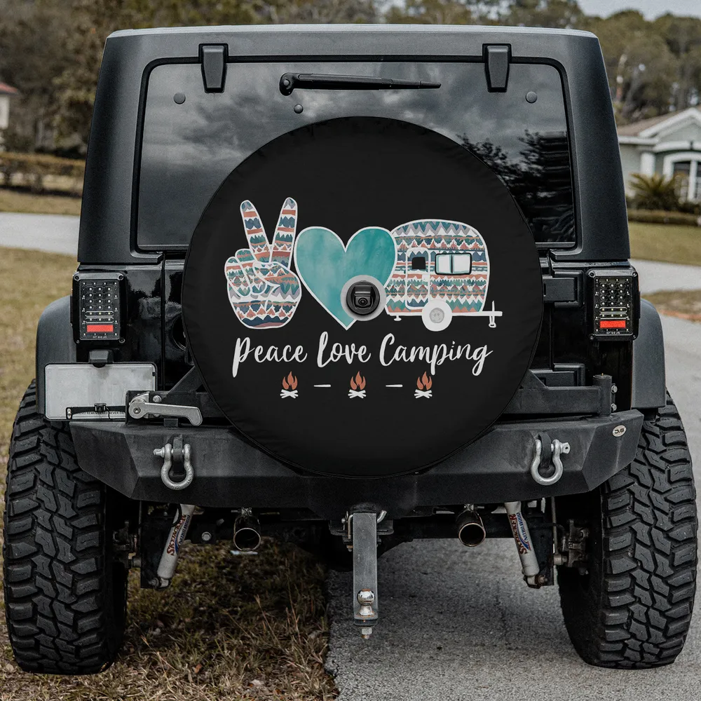 Peace sign, heart, camper trailer spare tire cover with backup camera hole for Jeep Wrangler