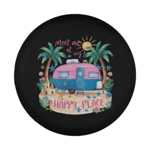 Pink camper and palm trees beach design for spare tire cover closeup