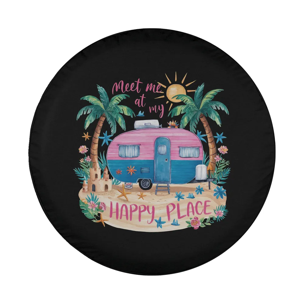 Pink camper and palm trees beach design for spare tire cover closeup