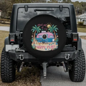 Pink camper palm trees beach spare tire cover with camera hole for RV or SUV