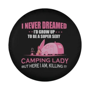 Pink camper trailer and campfire camping lady spare tire cover design only