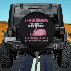 Pink camper trailer and campfire camping lady spare tire cover no camera hole