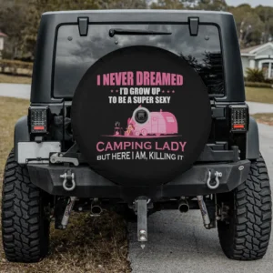 Pink camper trailer and campfire camping lady spare tire cover with camera hole