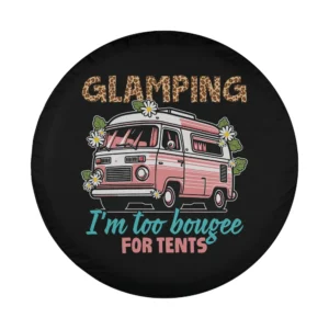 Pink camper van and daisy flower glamping tire cover design illustration only