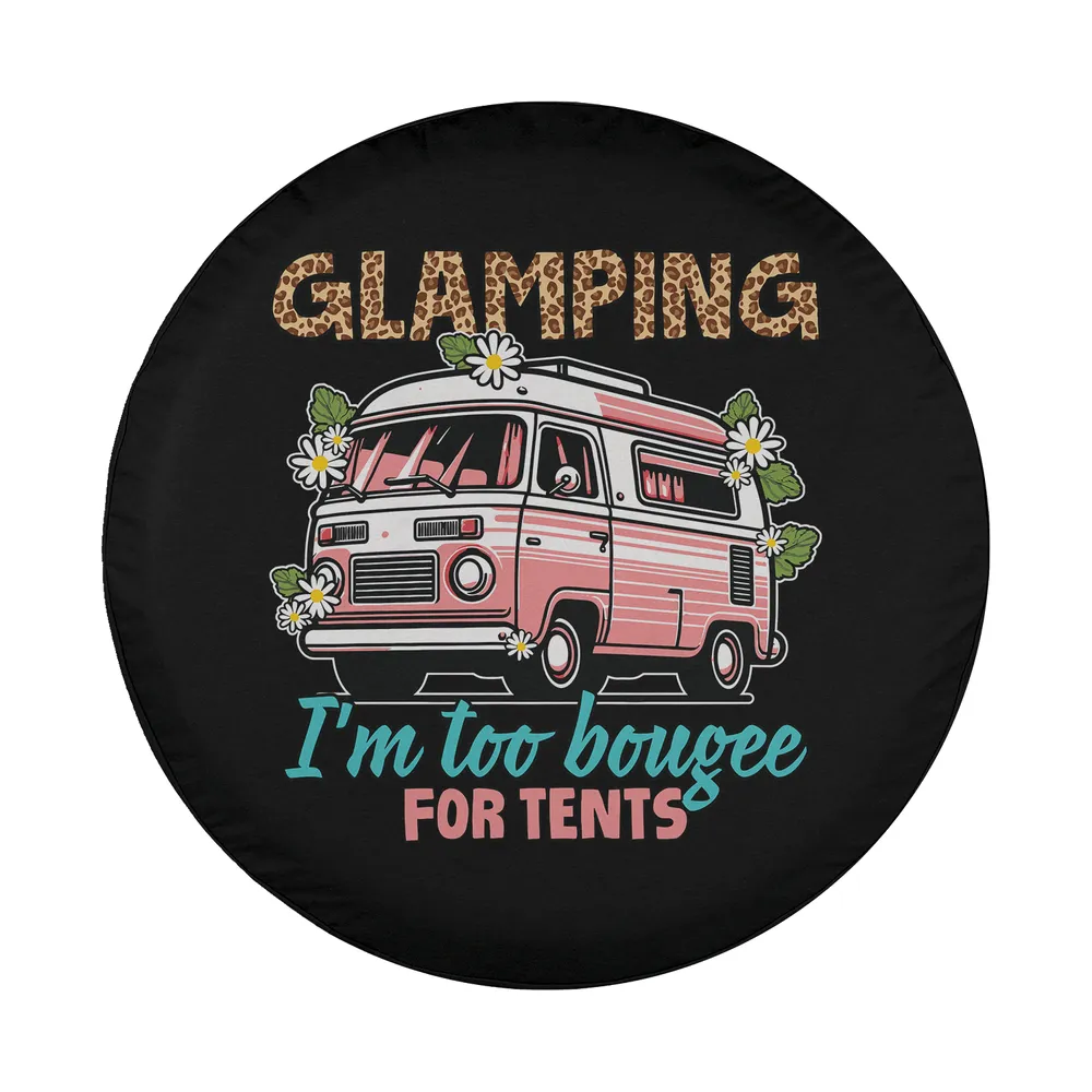 Pink camper van and daisy flower glamping tire cover design illustration only