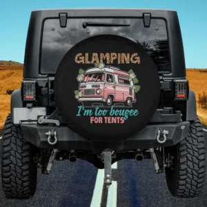 Pink camper van daisy flower glamping spare tire cover on Jeep with no camera hole