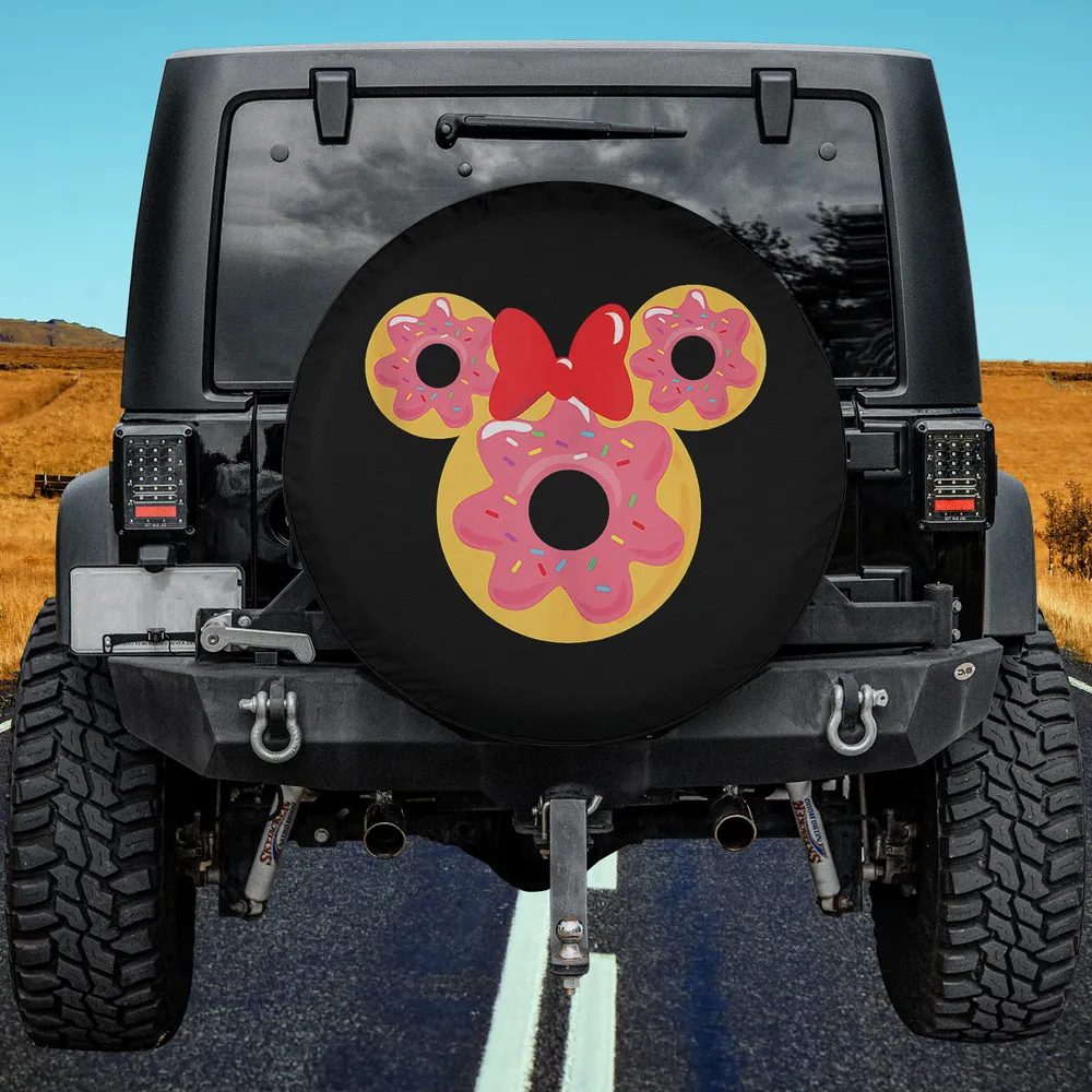 Pink donut Minnie ears with red bow spare tire cover for Jeep or SUV, no camera hole