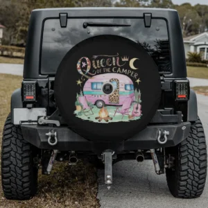 Pink retro camper campfire queen of the camper spare tire cover with camera hole