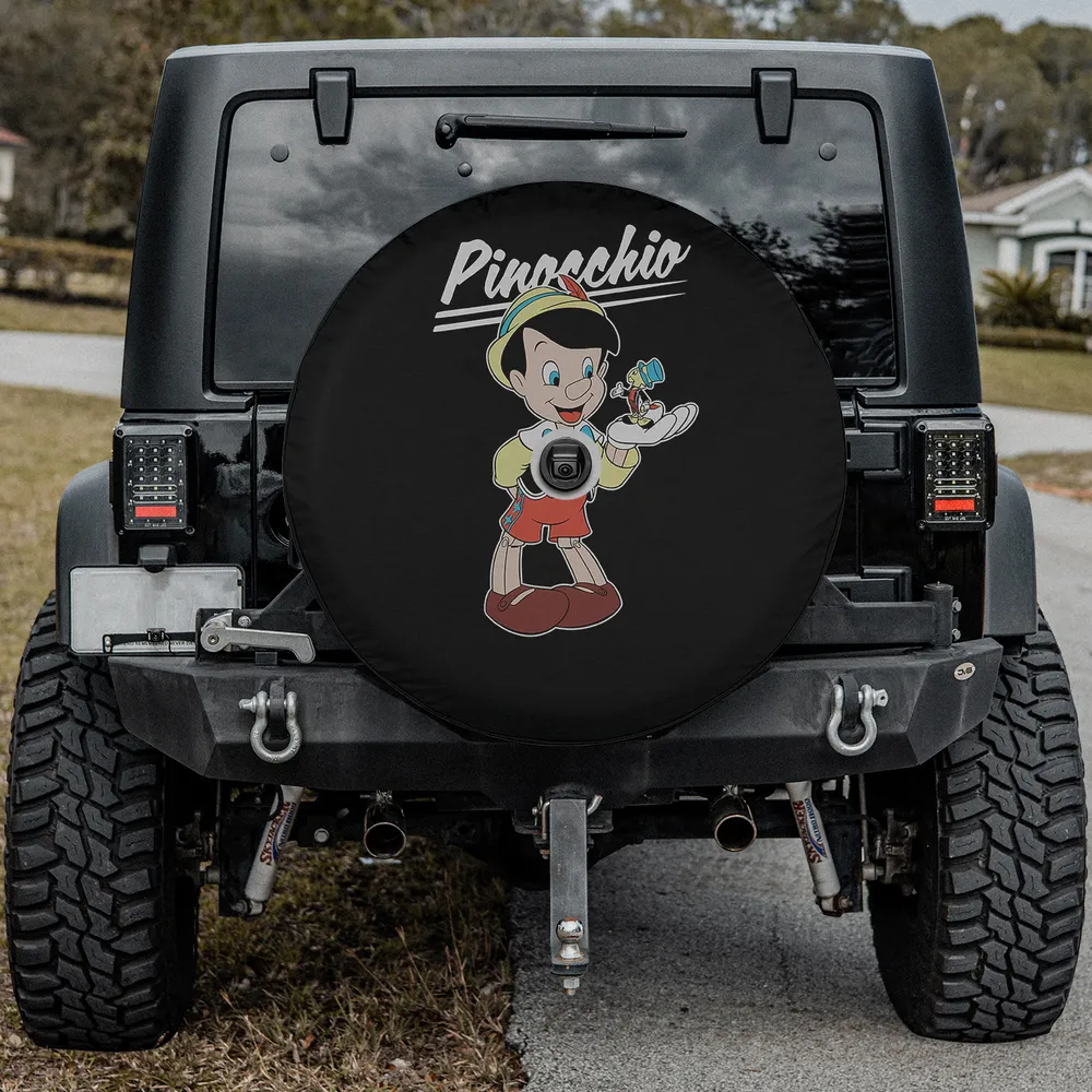 Pinocchio and Jiminy Cricket Disney movie spare tire cover with backup camera hole for SUV