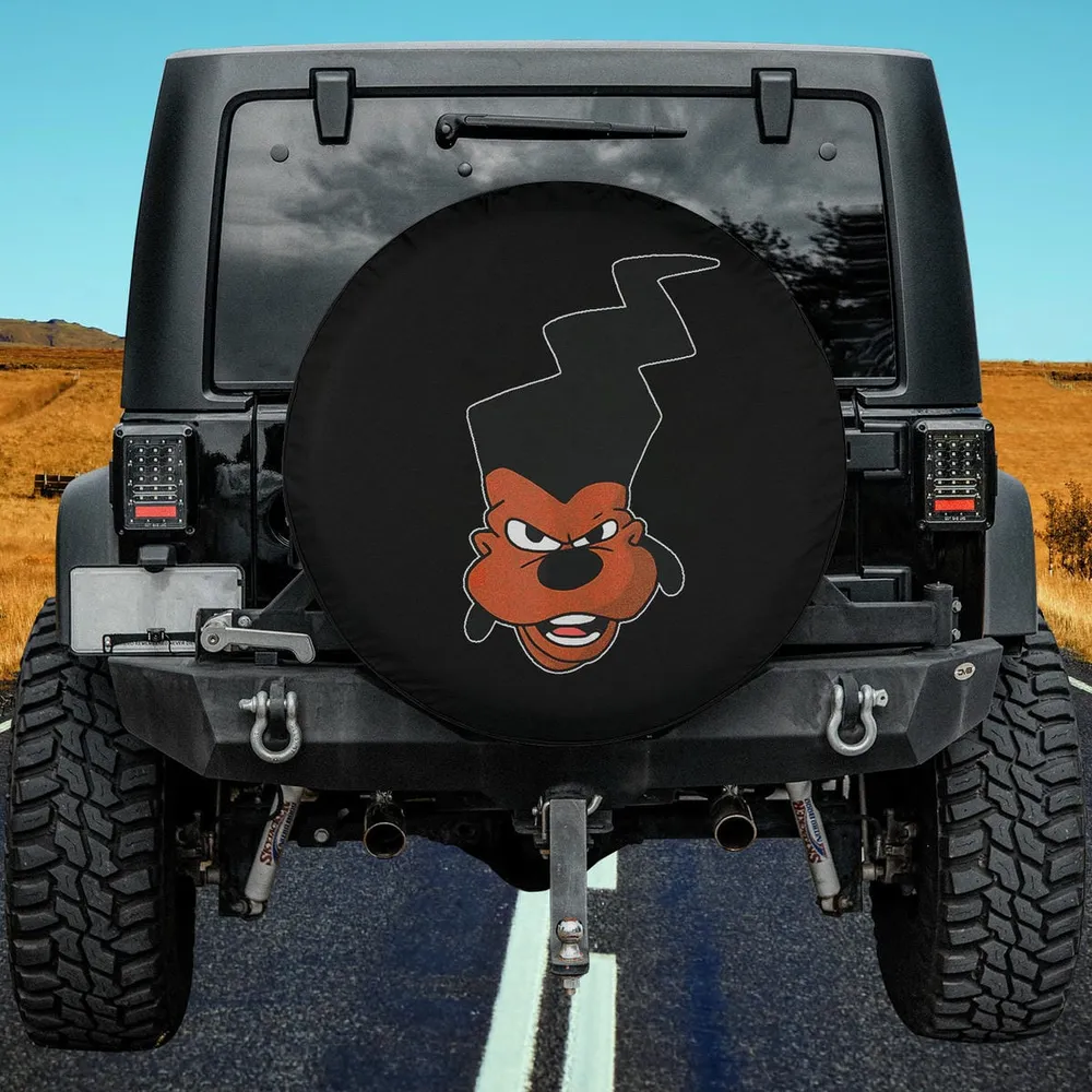 Powerline zigzag hair Goofy Movie spare tire cover with bold cartoon head, no camera hole