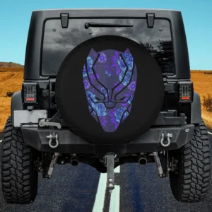 Purple blue floral Black Panther mask spare tire cover for Jeep, no camera hole