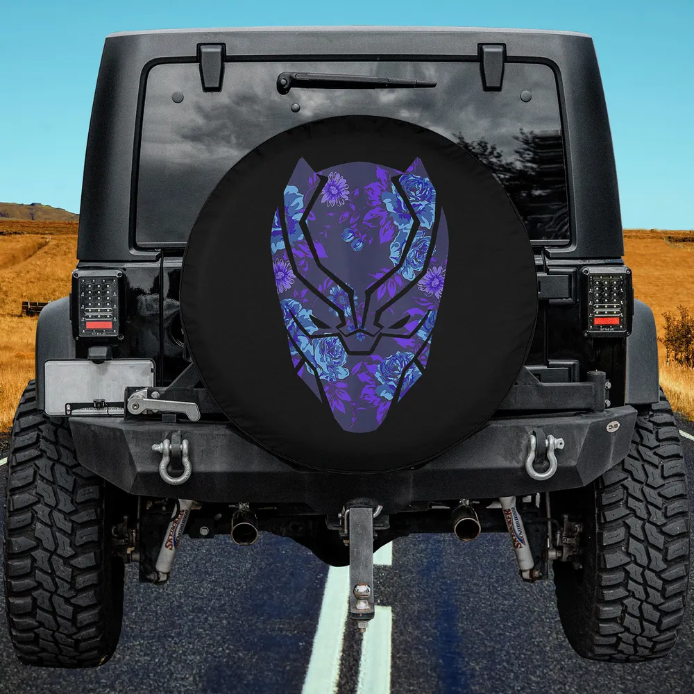 Purple blue floral Black Panther mask spare tire cover for Jeep, no camera hole