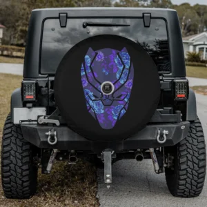 Purple blue floral Black Panther mask spare tire cover with backup camera hole