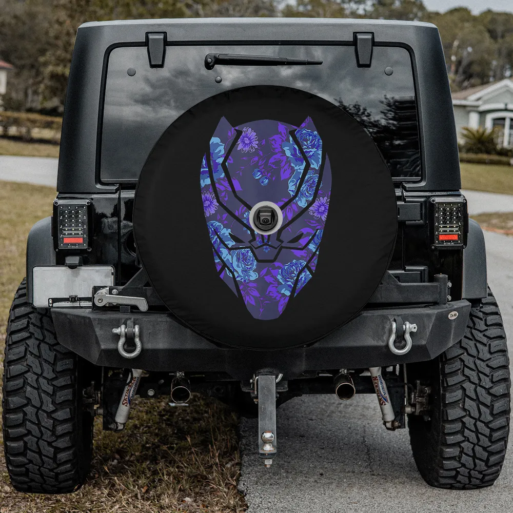 Purple blue floral Black Panther mask spare tire cover with backup camera hole