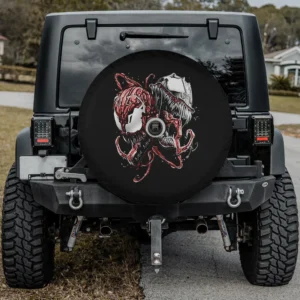 Spare tire cover with red Carnage and black Venom Marvel comic for backup camera
