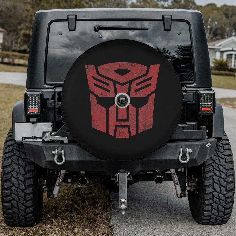 Red distressed Autobots logo Transformers spare tire cover with camera hole for Mercedes G-Class