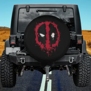 Red paint splatter Deadpool face logo spare tire cover no camera hole for Jeep