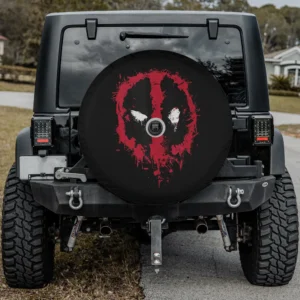 Red paint splatter Deadpool face logo spare tire cover with camera hole for SUV
