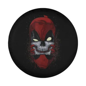 Red splatter Deadpool skull Marvel comic design for spare tire cover closeup